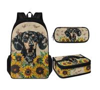 Coloranimal 3 Pcs Children Backpack Set School Shoulder Bag +Mini Lunch Food Container Box Bag Zipper Around Pencil Case, Sunflower Cute Dachshund