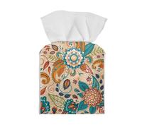 Coloranimal Boho Flower Print Tissue Box Cover Square Facial Tissues Boxes Holder PU Leather Tissues Cube Boxes Holder with Bottom Fixing Belt Home bedroom Facial Paper Napkin Dispenser