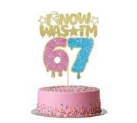 Colorato I WAS 6 NOW I'M 7 Cake Topper, 6 7 Birthday Decorations Cake Decor for Boy Girl 7 Years Old, Glitter 67 Happy Birthday Party Supllies, Pink+Blue