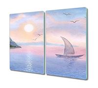 Coloray Chopping Board 2X 11.81 x 20.47 inch - 2x30x52cm Cutting Board Two Parts Splashback Kitchen Decoration Tempered Glass Safe Modern Deco Set Non-Slip - Watercolors Boat sea