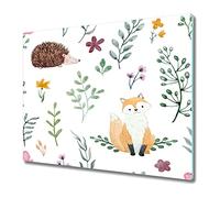 Coloray Glass Chopping Board 23.6 x 20.5 inch / 60x52cm Cutting Board Splashback for Kitchen Worktop Tempered Safety Glass Protection - Animals Fox Hedgehog Plant Fairy Tale Room