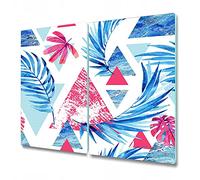Coloray Glass Chopping Board Splashback for Kitchen 2X 11.8 x 20.5 inch / 2x30x52cm Tempered Safety Glass Worktop Cutting Board Protection - Abstract Blue Leaves Geometric Triangles Floral