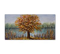Coloray Splashback Glass Print 39.37 x 19.68 inch / 100x50cm Tempered Glass Kitchen Kitchen Protection Cooker Protector Glass Art Wall Picture - Lake Tree Autumn Leaves