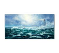 Coloray Splashback Glass Print 39.37 x 19.68 inch / 100x50cm Tempered Glass Kitchen Kitchen Protection Cooker Protector Glass Art Wall Picture - Storm Waves Lighthouse