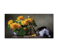 Coloray Splashback Glass Print 55.12 x 27.56 inch / 140x70cm Tempered Glass Kitchen Kitchen Protection Cooker Protector Glass Art Wall Picture - Flowers Cat