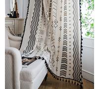 ColorBird Boho Curtains Patterned Black and White Semi-Blackout Light Filtering Long Window Curtains 2 Panels Cotton Drapes with Black Tassel Rod Pocket for Living Bedroom Sliding Door