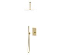 Colore Concealed Push Button Twin Thermostatic Shower Valve Including Round Fixed Shower Head | Brushed Brass | Stainless Steel | 300mm