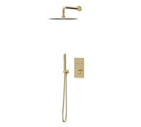 Colore Concealed Push Button Twin Thermostatic Shower Valve Including Round Fixed Shower Head | Brushed Brass | Stainless Steel | 300mm