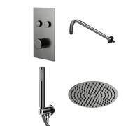 Colore Round Concealed Push Button Twin Thermostatic Shower Valve Including Fixed Shower Head | Gunmetal Grey | Stainless Steel | 300mm