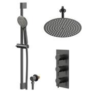 Colore Round Concealed Triple Thermostatic Shower Valve and Fixed Head with 150mm Ceiling Arm and Slide Rail Kit | Gunmetal Grey | Brass/Stainless Steel | 300mm