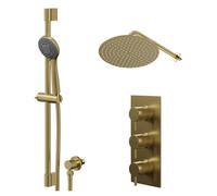 Colore Round Concealed Triple Thermostatic Shower Valve and Thin Round Fixed Head | Brushed Brass | Stainless Steel | 300mm