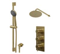 Colore Round Concealed Triple Thermostatic Shower Valve and Thin Round Fixed Head | Brushed Brass | Stainless Steel | 200mm