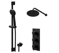 Colore Round Concealed Triple Thermostatic Shower Valve and Thin Round Fixed Head | Matt Black | Stainless Steel | 200mm