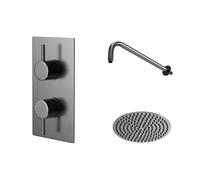 Colore Round Concealed Twin Thermostatic Valve Mixer Shower Including Fixed Shower Head and Wall Arm | Gunmetal Grey | Stainless Steel | 300mm