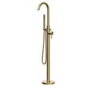 Colore Round Freestanding Bath Shower Mixer with Fully Knurled Tap Heads | Brushed Brass | 200mm x 1230mm x 103mm