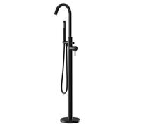 Colore Round Freestanding Bath Shower Mixer with Half Knurled Tap Heads | Matt Black | Brass | 200mm x 1230mm x 140mm