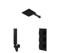 Colore Square Concealed Triple Thermostatic Shower Valve and Fixed Head with 345mm Wall Arm and Outlet Holder with Kit | Matt Black | Stainless Steel | 200mm