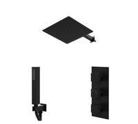 Colore Square Concealed Triple Thermostatic Shower Valve and Fixed Head with 345mm Wall Arm and Outlet Holder with Kit | Matt Black | Stainless Steel | 300mm