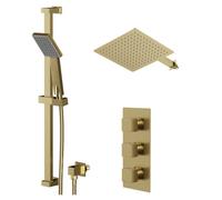 Colore Square Concealed Triple Thermostatic Shower Valve and Fixed Head with 345mm Wall Arm and Slide Rail Kit | Brushed Brass | Stainless Steel | 300mm