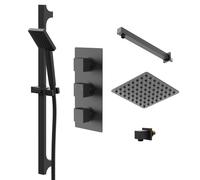 Colore Square Concealed Triple Thermostatic Shower Valve with Square Fixed Shower Head and Square Slide Rail Kit | Matt Black | Stainless Steel | 120mm x 680mm x 345mm