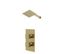 Colore Square Concealed Twin Thermostatic Shower Valve and Thin Square Fixed Head with Wall Arm | Brushed Brass | Stainless Steel | 200mm