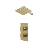 Colore Square Concealed Twin Thermostatic Shower Valve and Thin Square Fixed Head with Wall Arm | Brushed Brass | Stainless Steel | 300mm