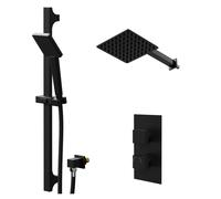 Colore Square Concealed Twin Thermostatic Shower Valve with Diverter and Fixed Head with 345mm Wall Arm and Slide Rail Kit | Matt Black | Stainless Steel | 200mm