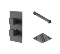 Colore Square Concealed Twin Thermostatic Shower Valve with Square Fixed Head and Wall Arm | Matt Black | Stainless Steel | 120mm x 220mm x 345mm