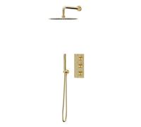 Colore Triple Thermostatic Valve Mixer Shower Including Round Fixed Shower Head | Brushed Brass | Stainless Steel | 300mm