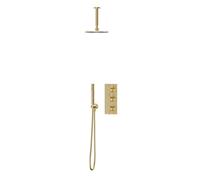 Colore Triple Thermostatic Valve Mixer Shower Including Round Fixed Shower Head | Brushed Brass | Stainless Steel | 200mm