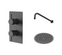 Colore Twin Thermostatic Valve Mixer Shower with Round Fixed Head and Wall Arm | Matt Black | Stainless Steel | 120mm x 220mm x 345mm