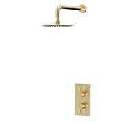 Colore Twin Thermostatic Valve Mixer Shower with Round Fixed Shower Head and Wall Arm- 1 Outlet | Brushed Brass | Stainless Steel | 200mm
