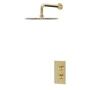 Colore Twin Thermostatic Valve Mixer Shower with Round Fixed Shower Head and Wall Arm | Brushed Brass | Stainless Steel | 300mm