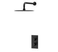Colore Twin Thermostatic Valve Mixer Shower with Round Fixed Shower Head and Wall Arm | Matt Black | Stainless Steel | 300mm