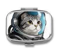 Colored Astronaut Cat Pill Box 2 Compartment Square Metal Pill Organizer Portable Mini Travel Medicine Case with Mirror Cute Medicine Container Holder for Pocket Purse