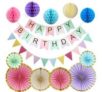 Colored Birthday Decoration Set with Happy Birthday Party Banner Triangular Flags Honeycomb Balls Paper Fans Celebrations Decoration for Family or Friends