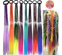 Colored Braids Hair Extensions with Rubber Bands Rainbow Braided Synthetic Hairpieces Ponytail Hair Accessories for Women Kids Girls Party Highlights Cosplay Dress Up (8pcs C Style)