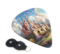 Colored castle Guitar Picks 6 Pcs, 0.96mm Thickness Celluloid Plectrum with Leather Picks Holder, Personalized Guitar Pick for Bass Electric Acoustic Guitars Lovers Gift