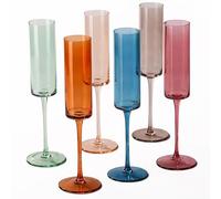 Colored Champagne Flutes Set of 6, 6.5 Oz Hand Blown Crystal Glasses, Lead-Free Colorful Glasses, Muted Vintage Glasses for Champagne, Cocktail-Elegant Gift Box for Wedding,Birthday Gifts