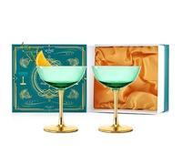 Colored Coupe Art Deco Glasses Gold | Set of 2 | 12 oz Classic Cocktail Glassware for Champagne, Martini, Manhattan, Sidecar, Crystal Speakeasy Style Goblets Stems, Vintage Blue, Teal, Green