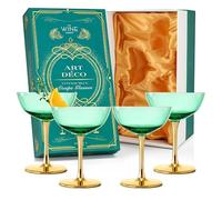 Colored Coupe Art Deco Glasses, Gold | Set of 4 | 12 oz Classic Cocktail Glassware for Champagne, Martini, Manhattan, Sidecar, Crystal Speakeasy Style Goblets Stems, Vintage, Gold Green