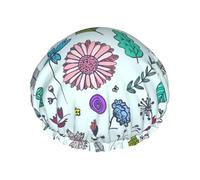 Colored Doodle Flowers Printed Hair Cover, Dual Layer Bathing Cap For Thick Hair, Reusable Headgear For Women