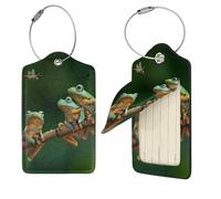 Colored Frogs and Dragonflies Print Luggage Tag Leather with Stainless Steel Loop Privacy Cover Name ID Labels for Women Men