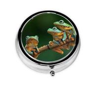Colored Frogs and Dragonflies Print Round Pill Organizer 3 Compartment Pill Box Portable Medicine Pill Case for Outdoor Travel