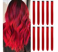 Colored Hair Extensions Clip In for Girls 22 Inch Colorful Straight Hair Extensions for Party Highlights Hair Accessories Hair Pieces for Women(10 PCS Red)