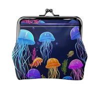 Colored Jellyfish Print Double Clasp Metal Frame Leather Kiss Lock Change Pouch Wallet for Women with Keys, Small Purses