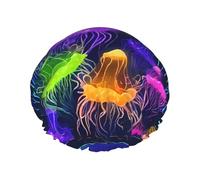 Colored Jellyfish Print Premium Double Layer Shower Cap For Women With Reusable Shower Cap For Hair - Waterproof Plastic Cap - Shower Caps For Long, Short And Curly Hairs