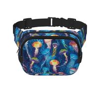 Colored Jellyfish Print Unisex Square Double Layer Waist Bag Crossbody Fanny Pack Travel Workout Accessory, Black, One Size