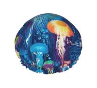 Colored jellyfish Printed Hair Cover, Dual Layer Bathing Cap For Thick Hair, Reusable Headgear For Women