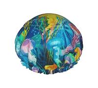 Colored Jellyfish Reusable Shower Cap For Women,Double Splashproof Shower Cap,Large Size For All Hair Lengths